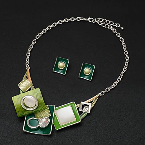 CSY Fashion Oval Crystal Opals Statement Bib Necklace Earrings Silver Plated Bohemian Costume Jewelry Set Gifts for Women (green) - Image 4