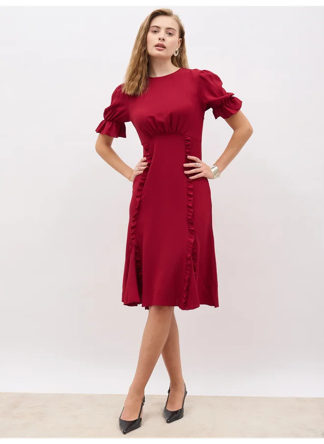 ستايلي Styli Solid Round Neck A-Line Midi Dress with Ruffled Detail