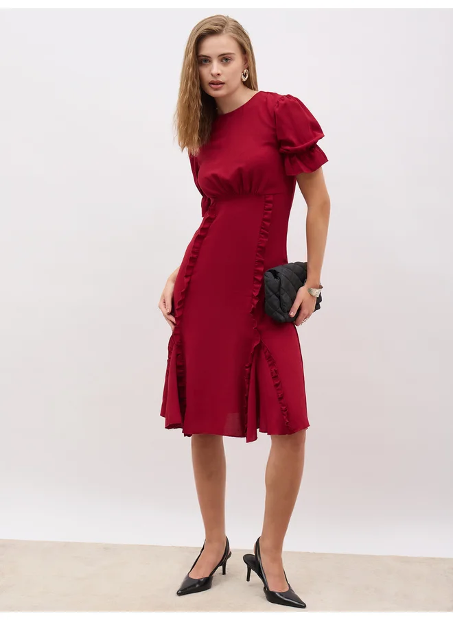 ستايلي Styli Solid Round Neck A-Line Midi Dress with Ruffled Detail