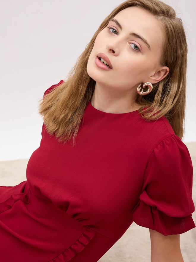 ستايلي فستان بورجوندي مكشكش - Image 4