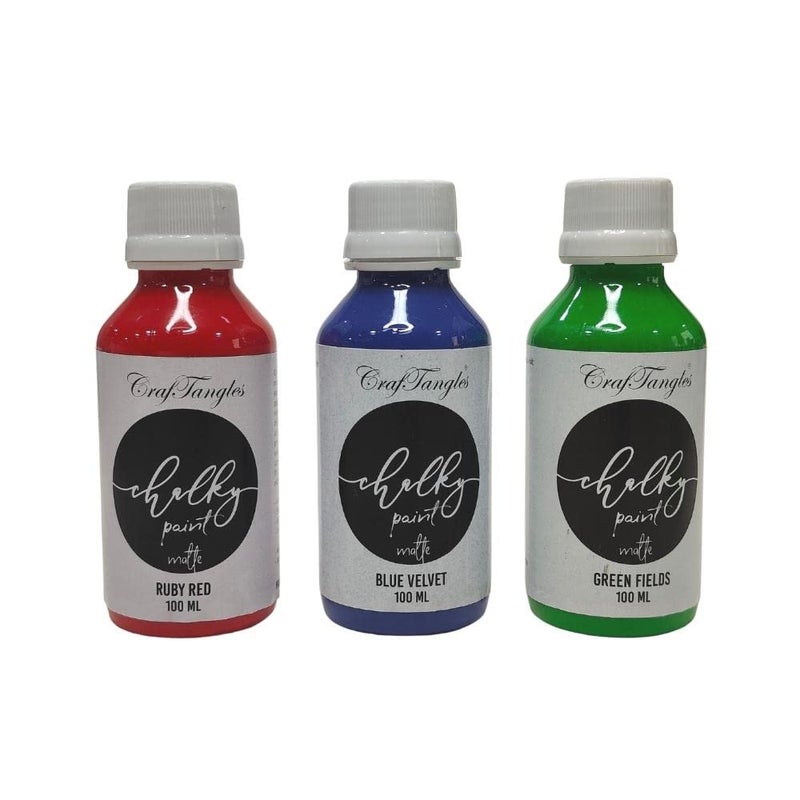 CrafTangles Acrylic Chalk Paint Set 7 (Ruby Red, Blue Velvet, Green Fields, Set of 3, 100 ml Each, Matte Finish, Non Toxic)