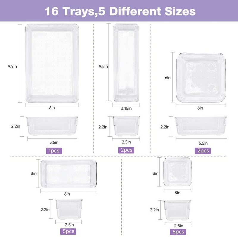 INKULTURE Drawer Organizer Storage Bins With Various Size for KitchenOffice Bathroom Vanity Makeup Organiser Set of 16 Pcs Clear - Image 5
