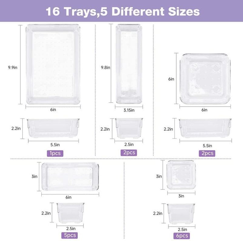 INKULTURE Drawer Organizer Storage Bins With Various Size for KitchenOffice Bathroom Vanity Makeup Organiser Set of 16 Pcs Clear - Image 4