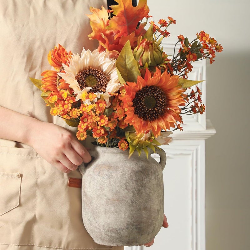 Vanselia Ceramic Flower Vase Home Decor - 7.6 Inch Farmhouse Rustic Table Vases with Handle Living Room Decoration Decorative Vintage Pottery for Kitchen Shelf Coffee Dining Bookshelf Fireplace Centerpiece - Image 5
