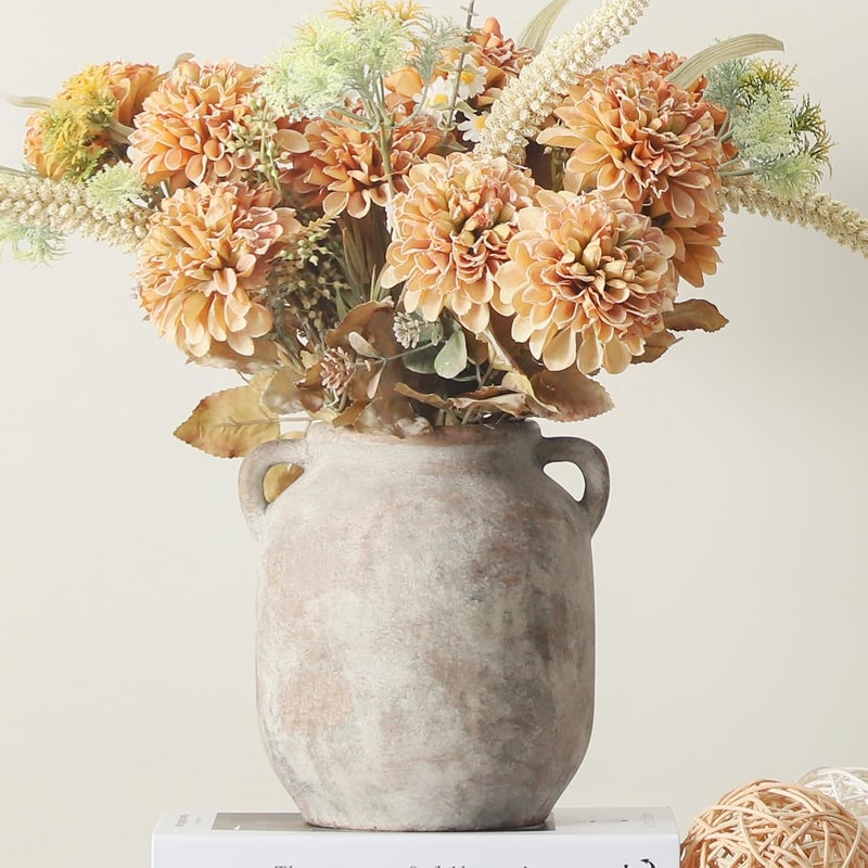 Vanselia Ceramic Flower Vase Home Decor - 7.6 Inch Farmhouse Rustic Table Vases with Handle Living Room Decoration Decorative Vintage Pottery for Kitchen Shelf Coffee Dining Bookshelf Fireplace Centerpiece - Image 3