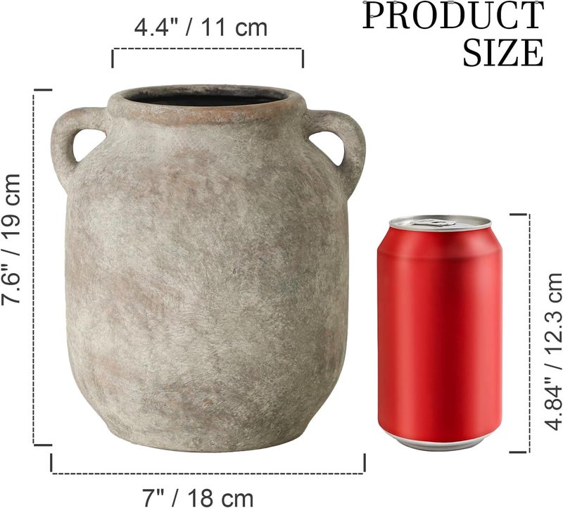 Vanselia Ceramic Flower Vase Home Decor - 7.6 Inch Farmhouse Rustic Table Vases with Handle Living Room Decoration Decorative Vintage Pottery for Kitchen Shelf Coffee Dining Bookshelf Fireplace Centerpiece - Image 2