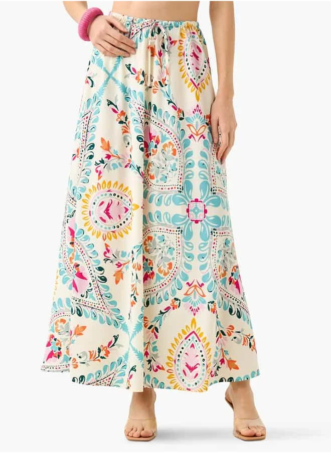 فاف Printed Maxi Skirt with Tie-Up Detail