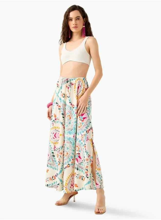 فاف Printed Maxi Skirt with Tie-Up Detail