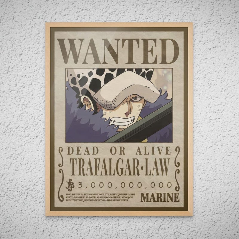 Art Decor Framed Fine Art One Piece Wanted Poster Wall Art Trafalgar Law Artwork Anime Portrait Print Wall Décor for Bedroom Boy Room Living Room Office Gaming Room 45x60cm - Image 1