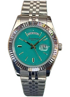 Chairman GENEVE Men's Silver Stainless Steel Wrist Watch, Day/Date with Turquoise Dial 