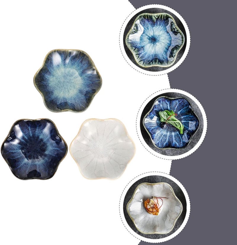 PATKAW 3pcs Ceramic Appetizer Plates Set, Glaze Pattern Seasoning Sauce Dishes in Blue Gradient, Antique White, and Natural Straw Colors, Small Vinegar and Soy Sauce Dipping Random Color - Image 3