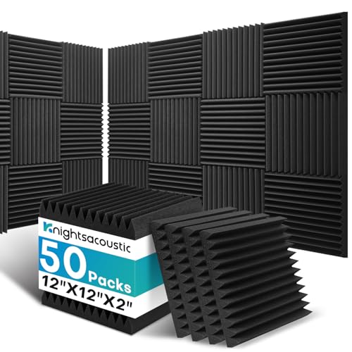 Knightsacoustic 50 Pack Sound Proof Foam Panels for Walls, 2 X 12 X 12 Inches Acoustic Foam Panels, High Density Acoustic Panels Sound Absorbing, Noise Cancelling Studio Wedges, Black (NOT INCLUDE ADHESIVE) - Image 1