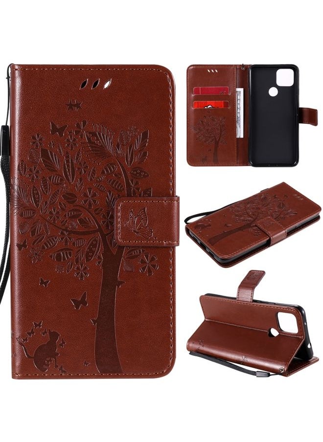 HuHa - Case Cover For For Google Pixel 4a 5G / Pixel 5 XL Tree & Cat Embossed Pattern Horizontal Flip Leather Case with Holder & Card Slots & Wallet & Lanyard(Coffee) - Image 1