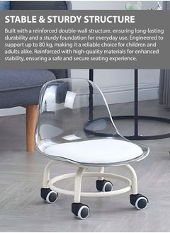 Generic Low Rolling Stool with Transparent White Acrylic Backrest  360° Rotating Wheels for Indoor and Outdoor Use Multipurpose for Picnic Salon Gardening Ideal for Kids & Adults Small Chair with Soft Cushion Baby Toddler Feeding Chair  - Image 2