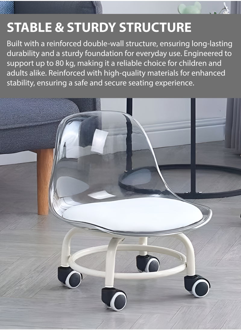 Generic Low Rolling Stool with Transparent White Acrylic Backrest  360° Rotating Wheels for Indoor and Outdoor Use Multipurpose for Picnic Salon Gardening Ideal for Kids & Adults Small Chair with Soft Cushion Baby Toddler Feeding Chair  - Image 2