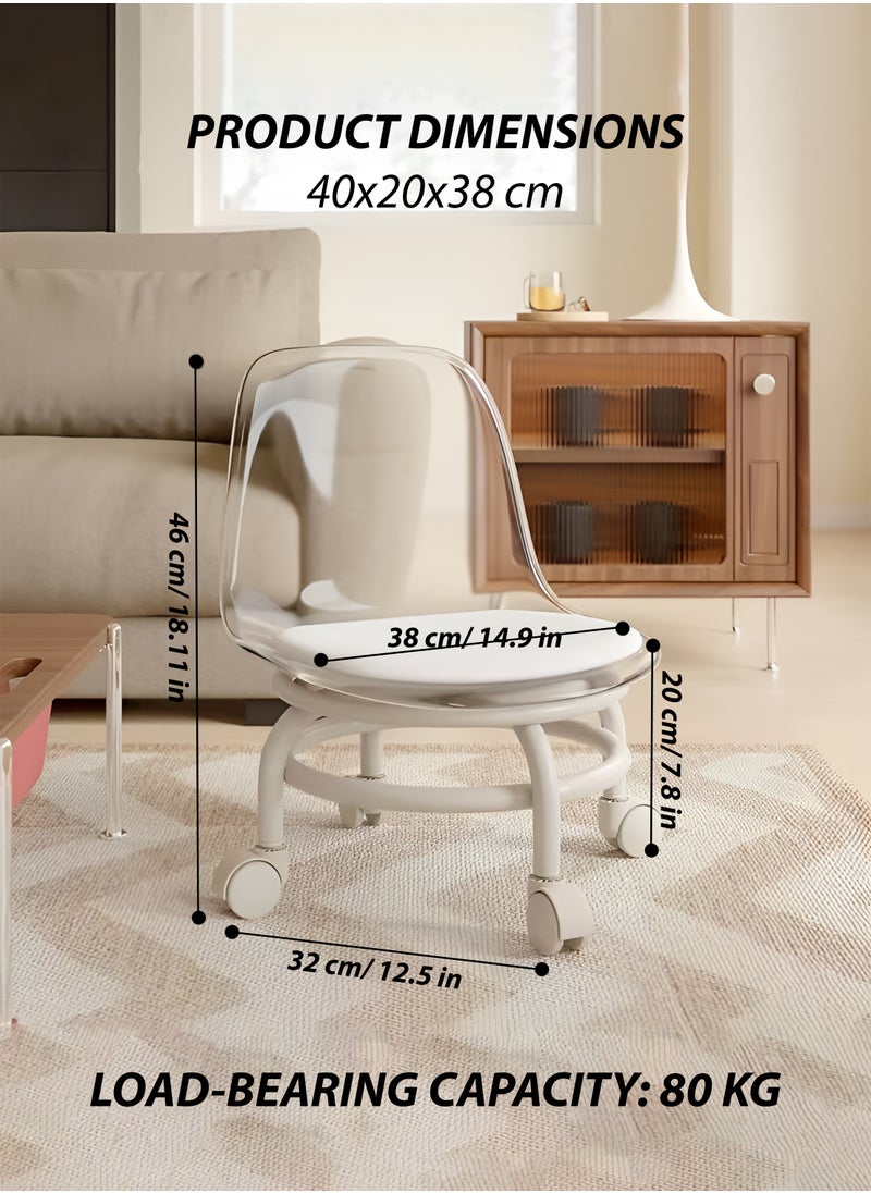 Generic Low Rolling Stool with Transparent White Acrylic Backrest  360° Rotating Wheels for Indoor and Outdoor Use Multipurpose for Picnic Salon Gardening Ideal for Kids & Adults Small Chair with Soft Cushion Baby Toddler Feeding Chair  - Image 4