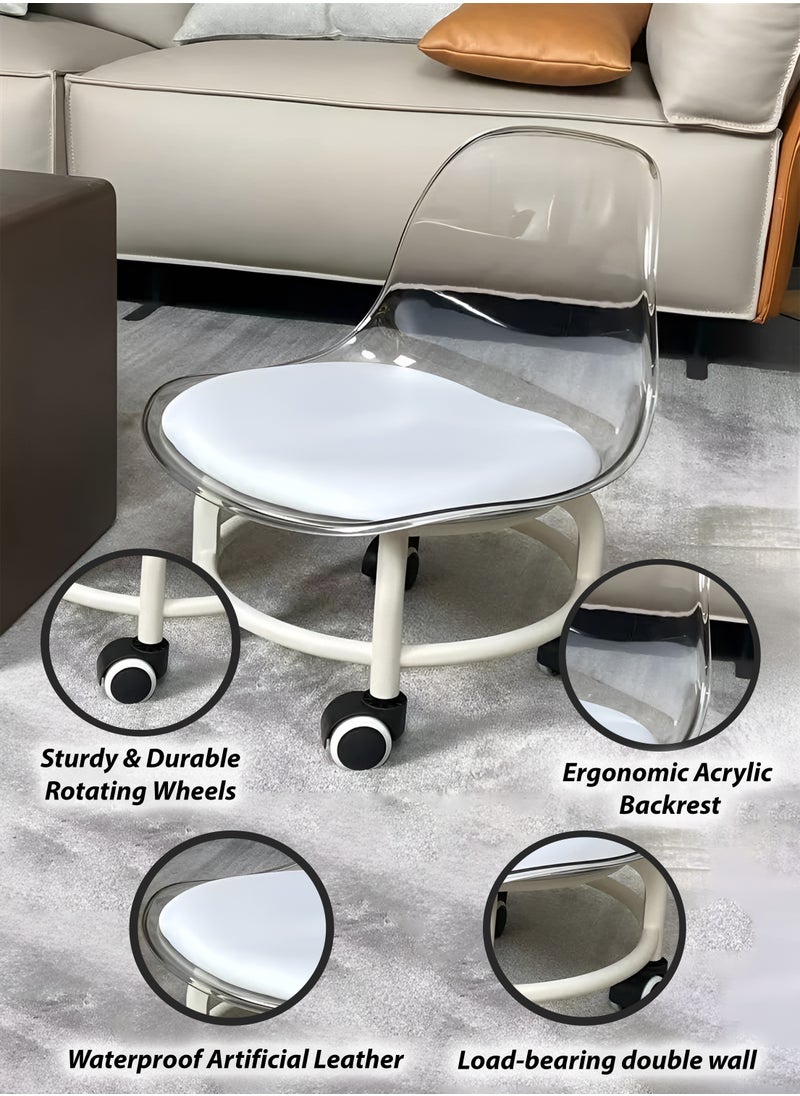 Generic Low Rolling Stool with Transparent White Acrylic Backrest  360° Rotating Wheels for Indoor and Outdoor Use Multipurpose for Picnic Salon Gardening Ideal for Kids & Adults Small Chair with Soft Cushion Baby Toddler Feeding Chair  - Image 3