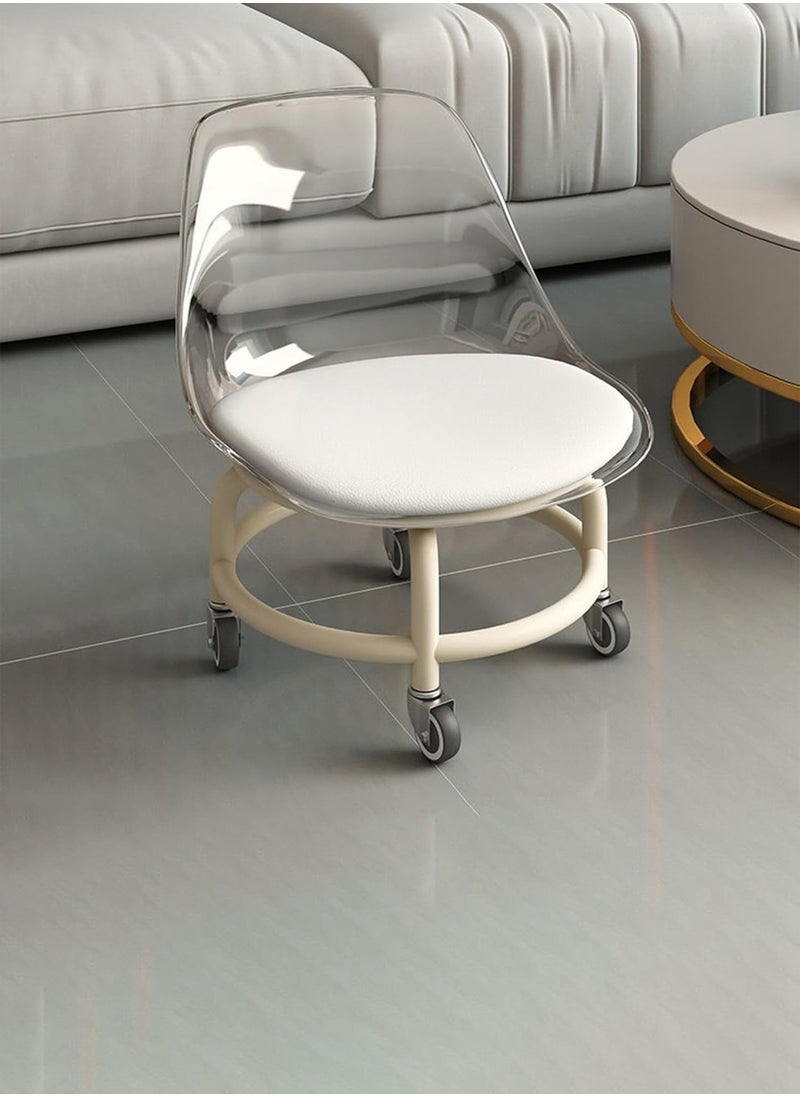 Generic Low Rolling Stool with Transparent White Acrylic Backrest  360° Rotating Wheels for Indoor and Outdoor Use Multipurpose for Picnic Salon Gardening Ideal for Kids & Adults Small Chair with Soft Cushion Baby Toddler Feeding Chair  - Image 1