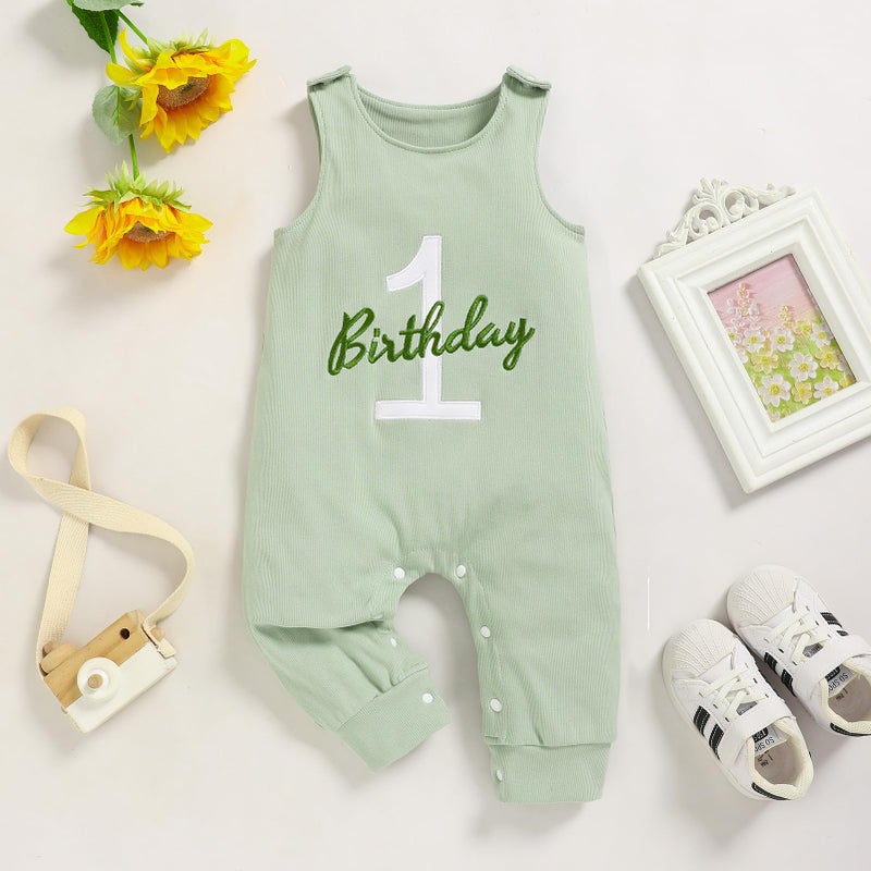 Viworld Baby Boy 1st Birthday Romper Infant Ribbed Jumpsuit Embroidery One Year Old Cake Smash Outfits (Light Green,9-12M) - Image 2