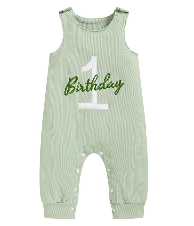 Viworld Baby Boy 1st Birthday Romper Infant Ribbed Jumpsuit Embroidery One Year Old Cake Smash Outfits (Light Green,9-12M) - Image 1