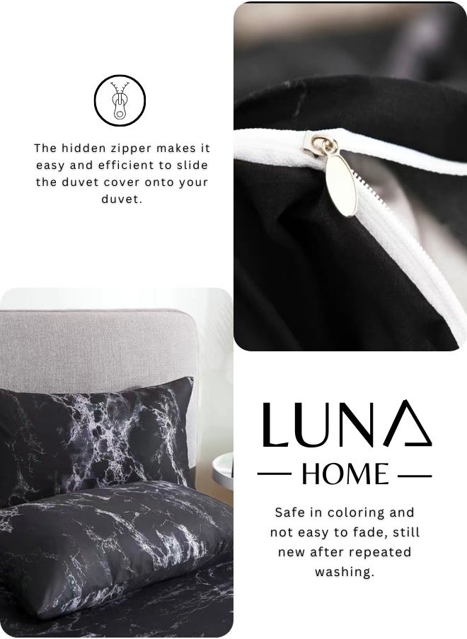 LUNA Home - King Size 6 Piece Marble Pattern Duvet Cover Set Black Bedding Set - Image 1