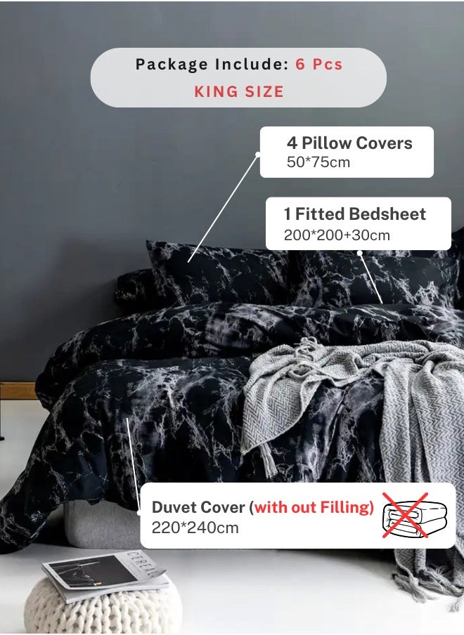 LUNA Home - King Size 6 Piece Marble Pattern Duvet Cover Set Black Bedding Set - Image 1