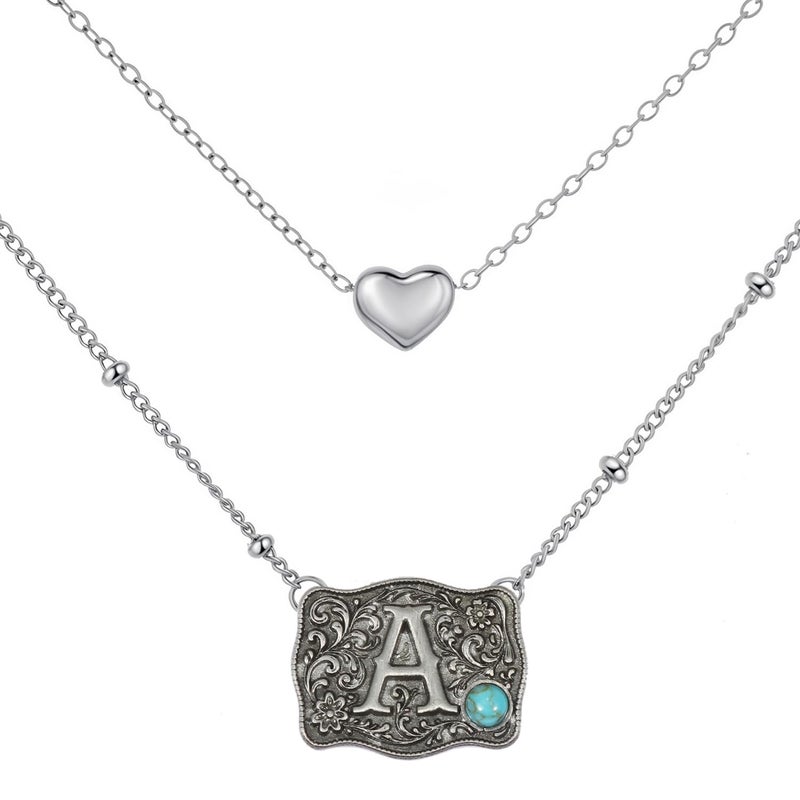 MANZHEN Belt Buckle Bracelet Initial Letter A-Z Bracelets Western Cow Tag Bracelet Belt Buckle Necklace Western Style Initial Letter Pendant Necklace (Necklace, A) - Image 1