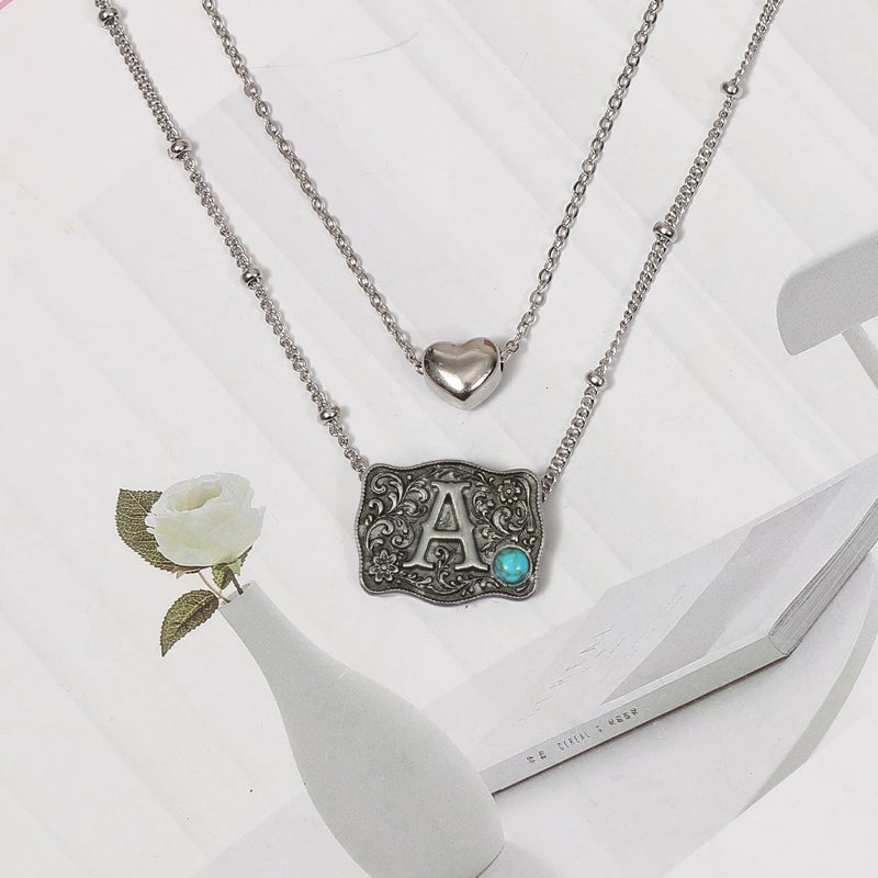 MANZHEN Belt Buckle Bracelet Initial Letter A-Z Bracelets Western Cow Tag Bracelet Belt Buckle Necklace Western Style Initial Letter Pendant Necklace (Necklace, A) - Image 3