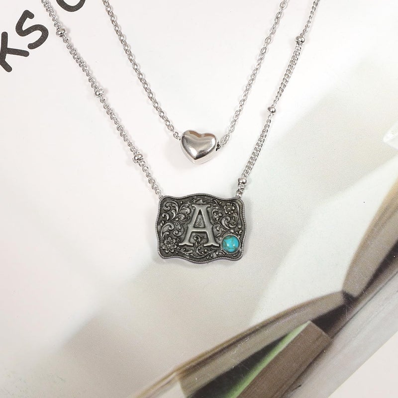 MANZHEN Belt Buckle Bracelet Initial Letter A-Z Bracelets Western Cow Tag Bracelet Belt Buckle Necklace Western Style Initial Letter Pendant Necklace (Necklace, A) - Image 2