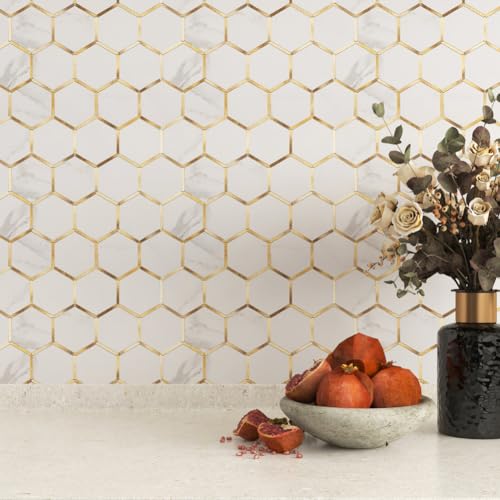 Diflart Peel and Stick Kitchen Backsplash Tiles Gold and White Hexagon PVC Wall Tile Faux Marble for Kitchen Bathroom Pack of 10 Sheets - Image 2