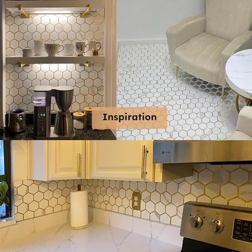 Diflart Peel and Stick Kitchen Backsplash Tiles Gold and White Hexagon PVC Wall Tile Faux Marble for Kitchen Bathroom Pack of 10 Sheets - Image 5