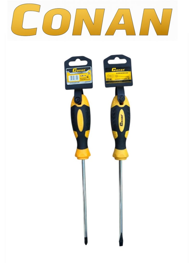 CONAN 2-Piece Professional Screwdriver Set – Phillips 6×150 mm Model 10005703 + Flat 6×150 mm Model 10005704 – High-Durability CR-V with Comfort Grip - Image 1