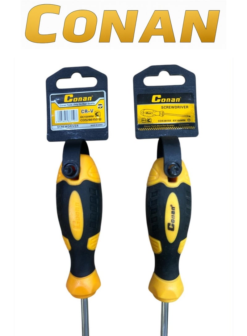 CONAN 2-Piece Professional Screwdriver Set – Phillips 6×150 mm Model 10005703 + Flat 6×150 mm Model 10005704 – High-Durability CR-V with Comfort Grip - Image 2