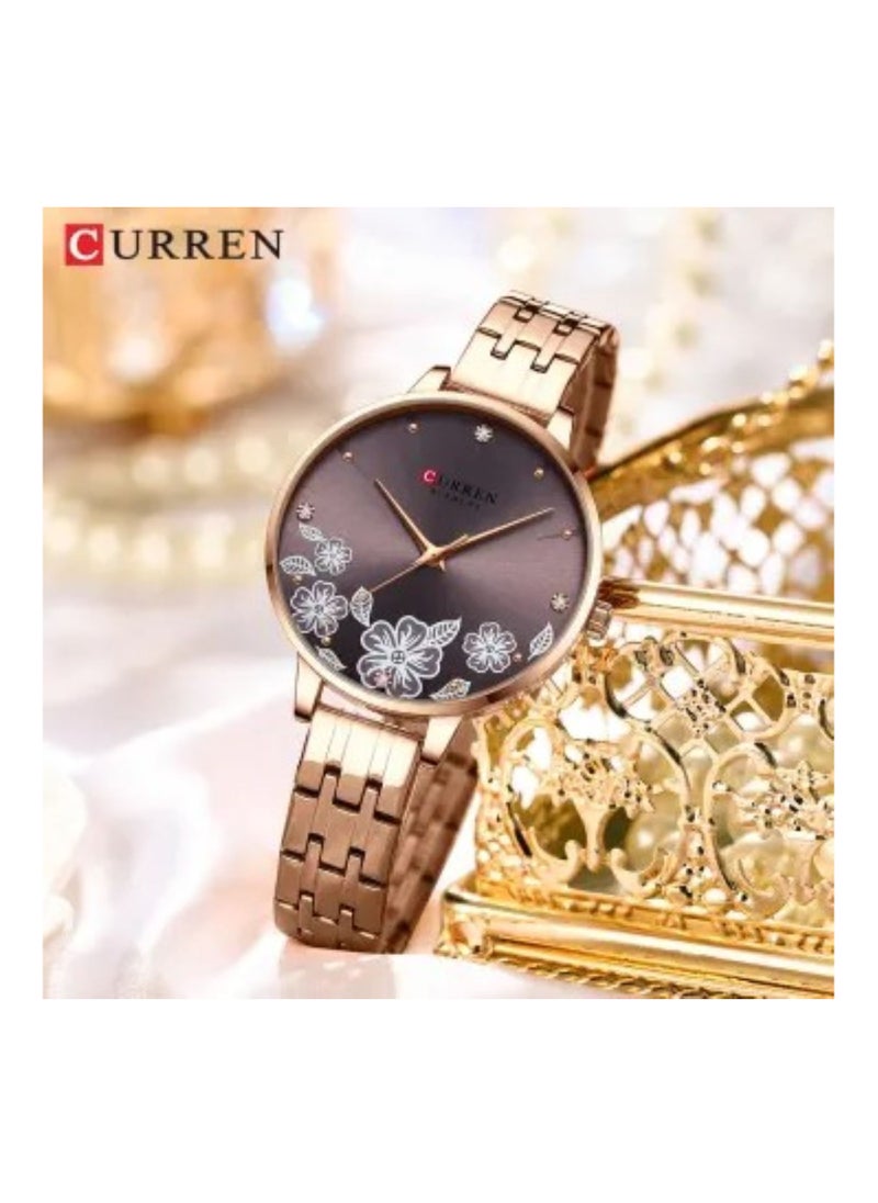 CURREN - 9068 Watch Fashion Quartz Wristwatches for Simple Stainless Steel Watch Bracelet with Flower Design Dial Watche for Women ( Coffee ) - Image 1