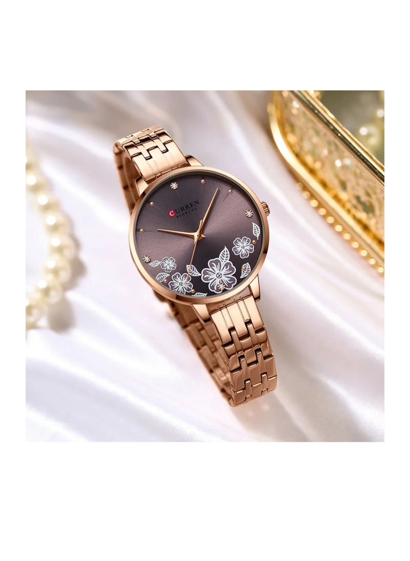 CURREN - 9068 Watch Fashion Quartz Wristwatches for Simple Stainless Steel Watch Bracelet with Flower Design Dial Watche for Women ( Coffee ) - Image 1
