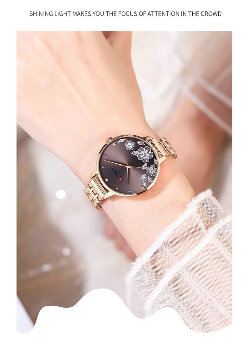 CURREN - 9068 Watch Fashion Quartz Wristwatches for Simple Stainless Steel Watch Bracelet with Flower Design Dial Watche for Women ( Coffee ) - Image 1