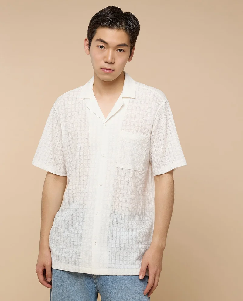 أر أند بي Textured Shirt with Revere Collar and Short Sleeves