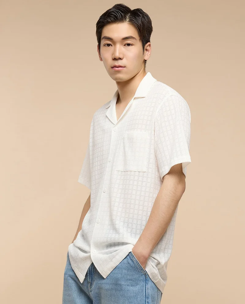 أر أند بي Textured Shirt with Revere Collar and Short Sleeves