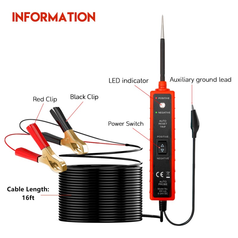 Circuit Tester 16Ft Red Cable - Short-Circuit Protection Voltage Protection for 6-24V DC Vehicles Boats Trailers - Image 2