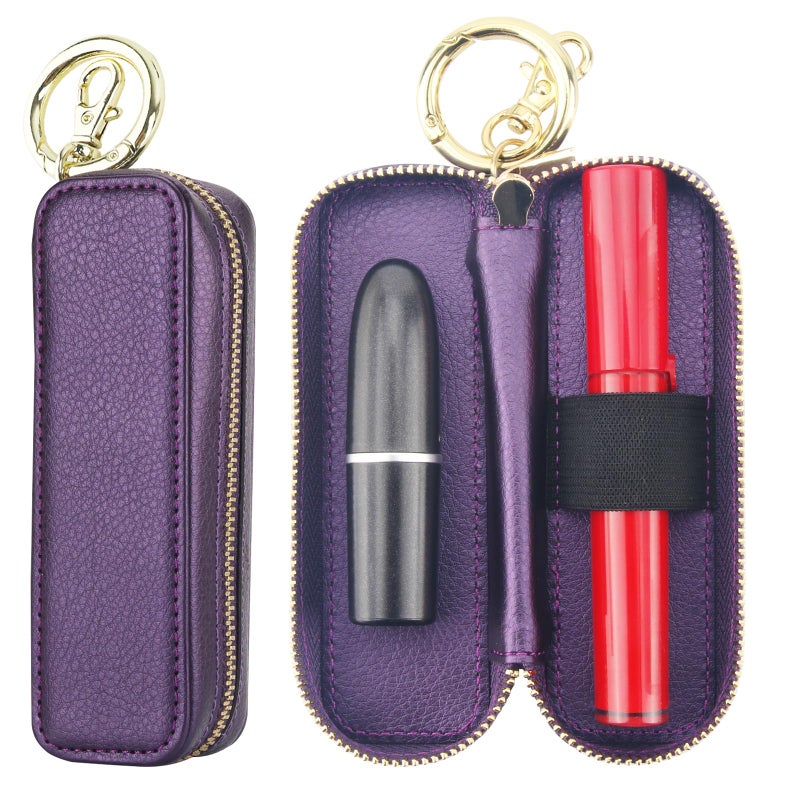 Bocasal Leather Lipstick Case Holder Chapstick Keychain Pouch, Zipper Lip Balm Lip Gloss Bag for Purse with Elastic Band, Makeup Travel Organizer, Cosmetic Storage Kit for Women Girls (Dark Purple) - Image 1