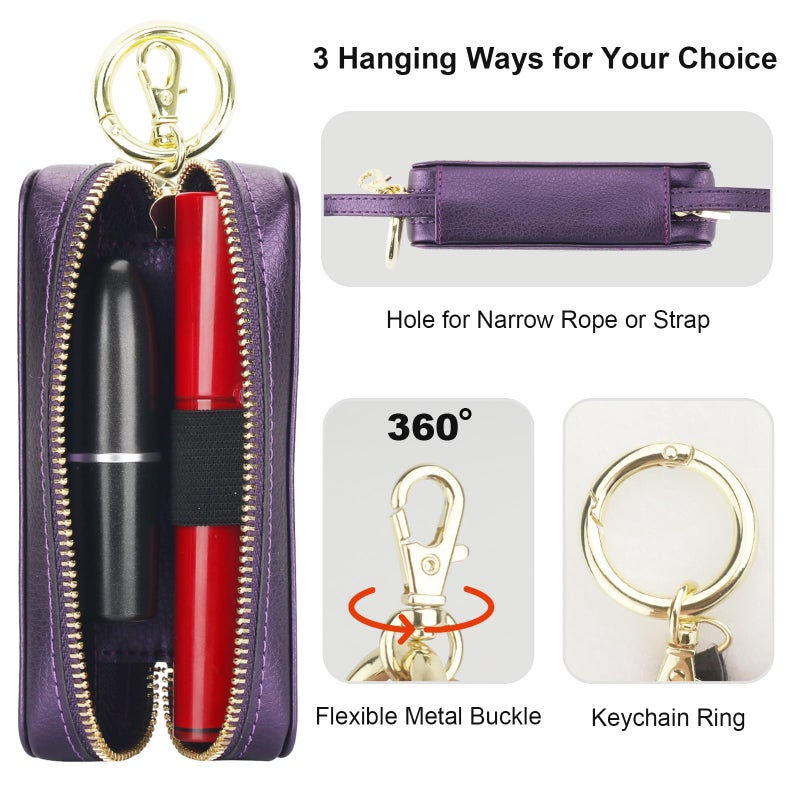 Bocasal Leather Lipstick Case Holder Chapstick Keychain Pouch, Zipper Lip Balm Lip Gloss Bag for Purse with Elastic Band, Makeup Travel Organizer, Cosmetic Storage Kit for Women Girls (Dark Purple) - Image 2
