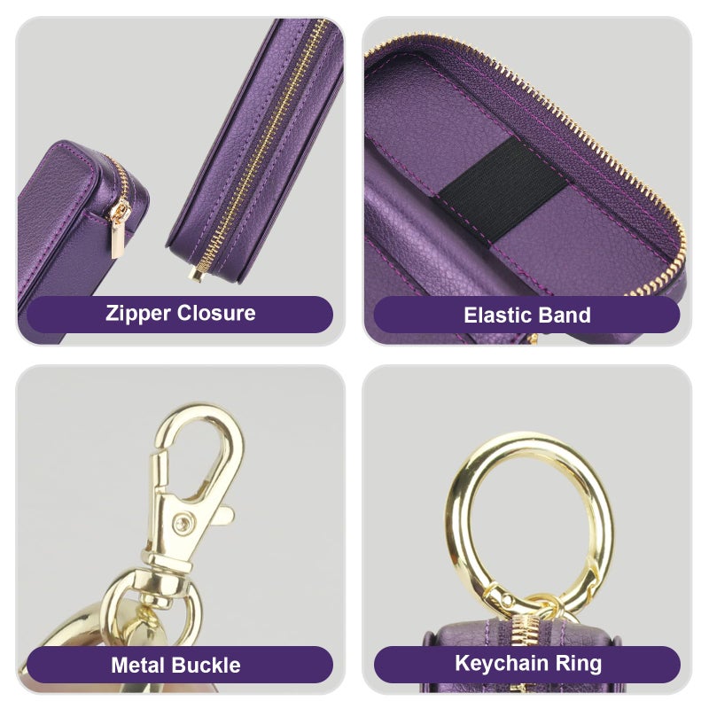 Bocasal Leather Lipstick Case Holder Chapstick Keychain Pouch, Zipper Lip Balm Lip Gloss Bag for Purse with Elastic Band, Makeup Travel Organizer, Cosmetic Storage Kit for Women Girls (Dark Purple) - Image 4