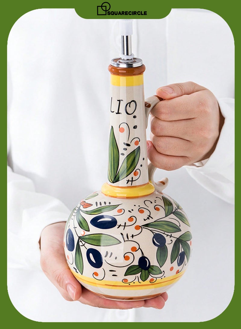 Squarecircle Ceramic Olive Oil Dispenser Bottle – Hand Painted Oil & Vinegar Cruet with Handle, Stainless Steel Spout, Kitchen Decor - Image 1