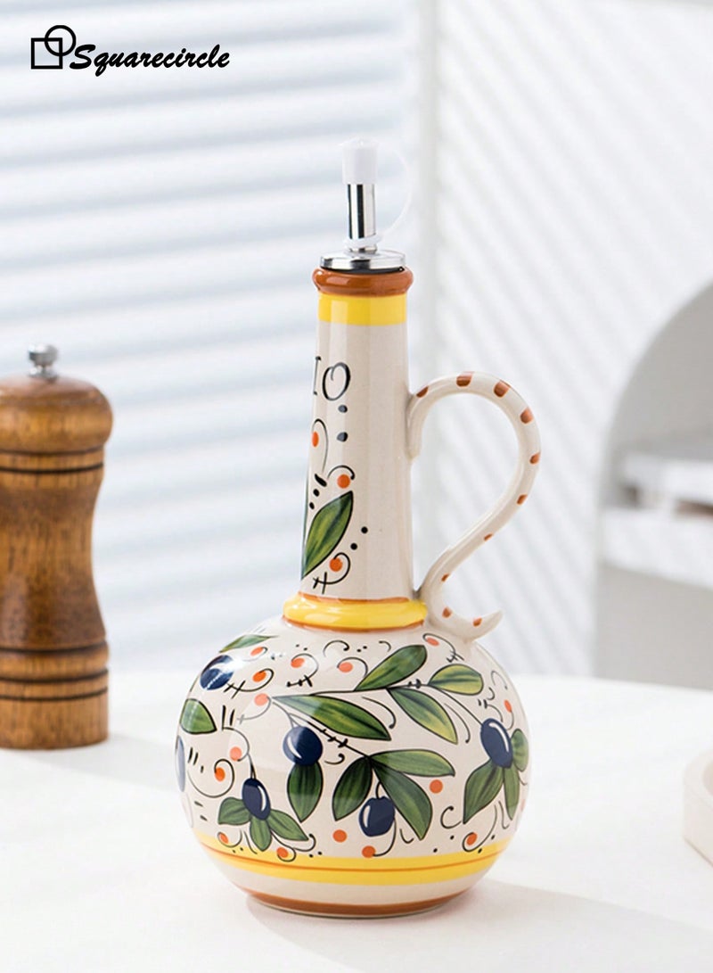 Squarecircle Ceramic Olive Oil Dispenser Bottle – Hand Painted Oil & Vinegar Cruet with Handle, Stainless Steel Spout, Kitchen Decor - Image 3
