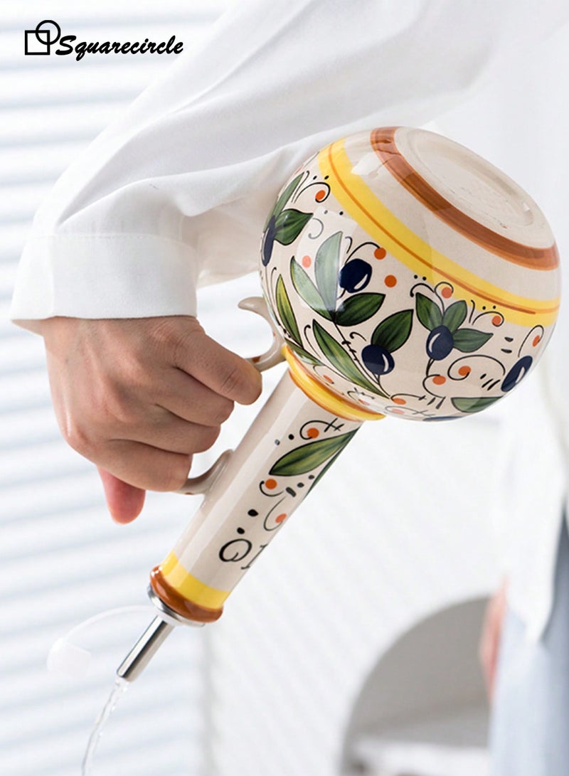 Squarecircle Ceramic Olive Oil Dispenser Bottle – Hand Painted Oil & Vinegar Cruet with Handle, Stainless Steel Spout, Kitchen Decor - Image 2