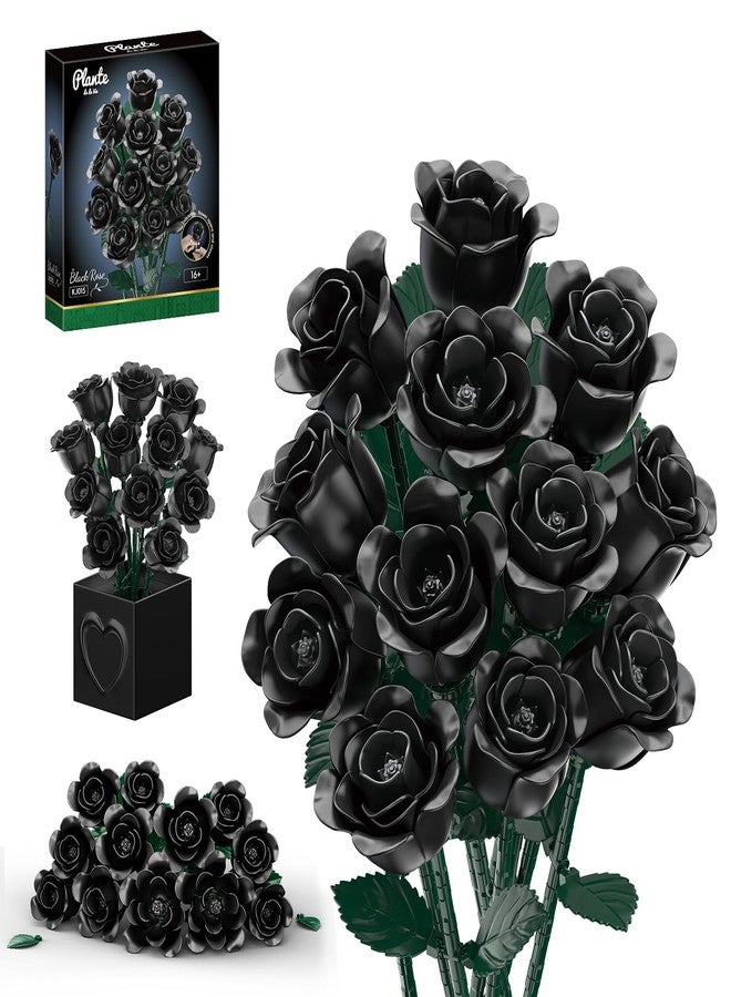 JAKI Black Rose Bouquet Building Set, 12 Gothic Matte Roses Flower Building Kit,Flower Botanical Collection Home Decor for Halloween, Christmas, Birthday Gifts for Her - Image 1