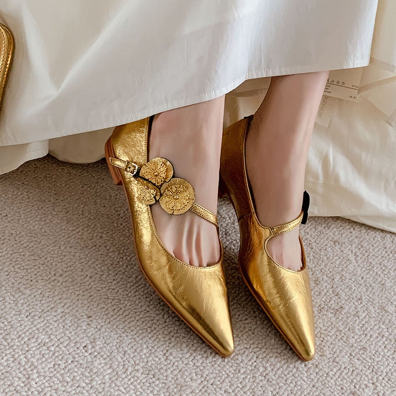 French Style Evening Shoes Sheepskin Maillard Pointed Flat Low-Cut Gold Duckweed Mary Jane Shoes - Image 5