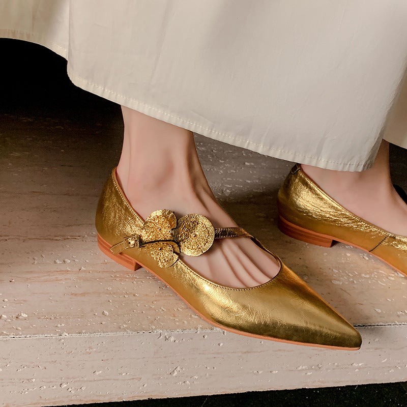 French Style Evening Shoes Sheepskin Maillard Pointed Flat Low-Cut Gold Duckweed Mary Jane Shoes - Image 4