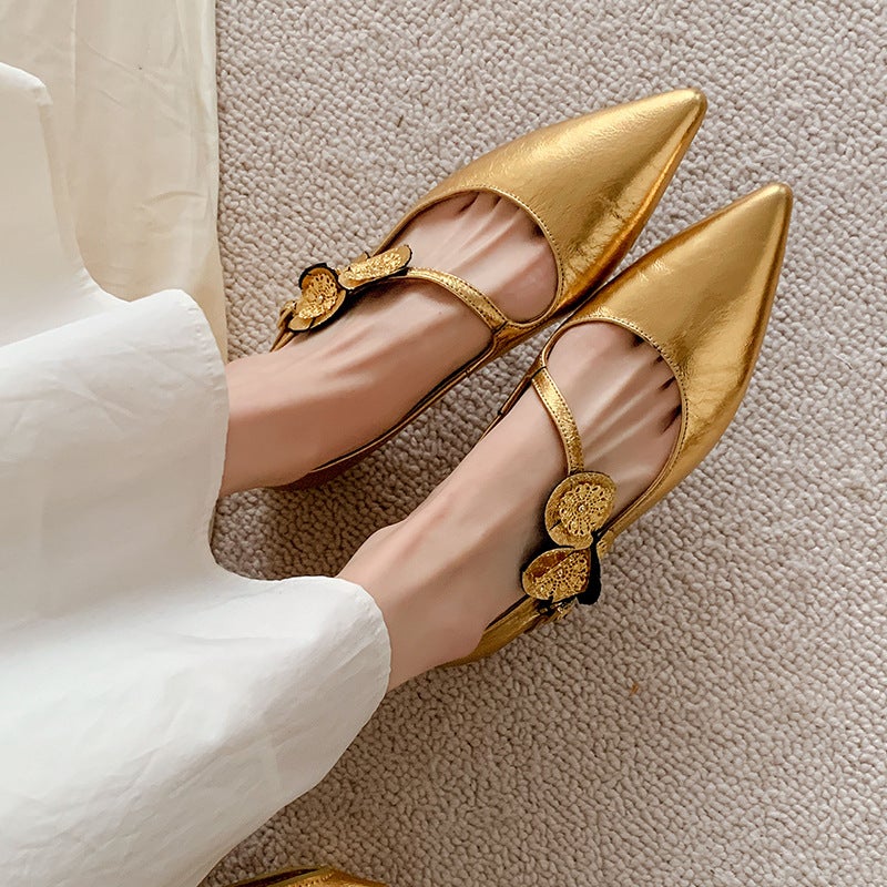 French Style Evening Shoes Sheepskin Maillard Pointed Flat Low-Cut Gold Duckweed Mary Jane Shoes - Image 1
