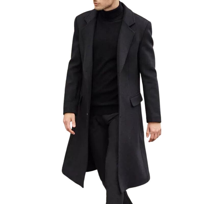 carl vinson® Men's Wool Blend Long Trench Coat Single Breasted Slim Fit Winter Jacket | Black - L - Image 1